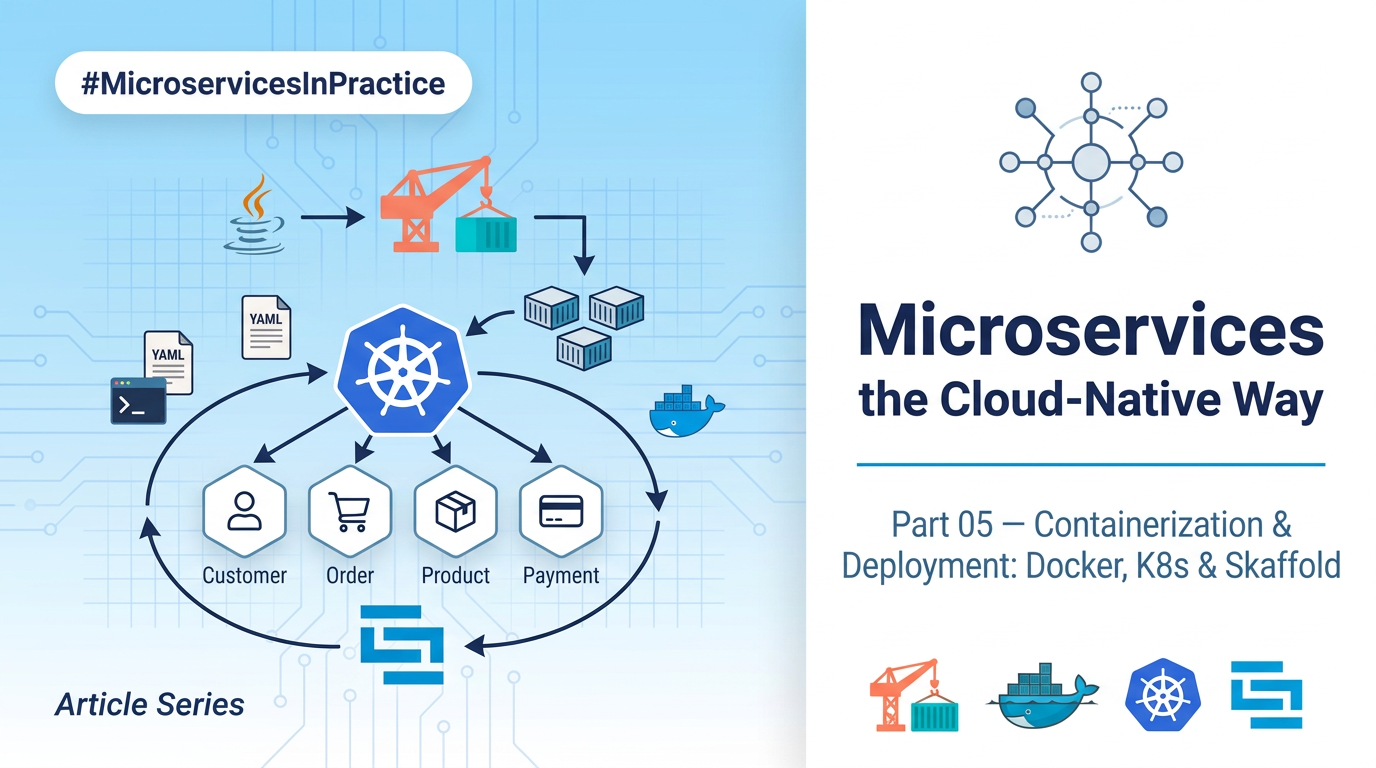 Microservices the Cloud-Native Way — Part 05: Containerization & Deployment — Docker, Kubernetes & Skaffold banner